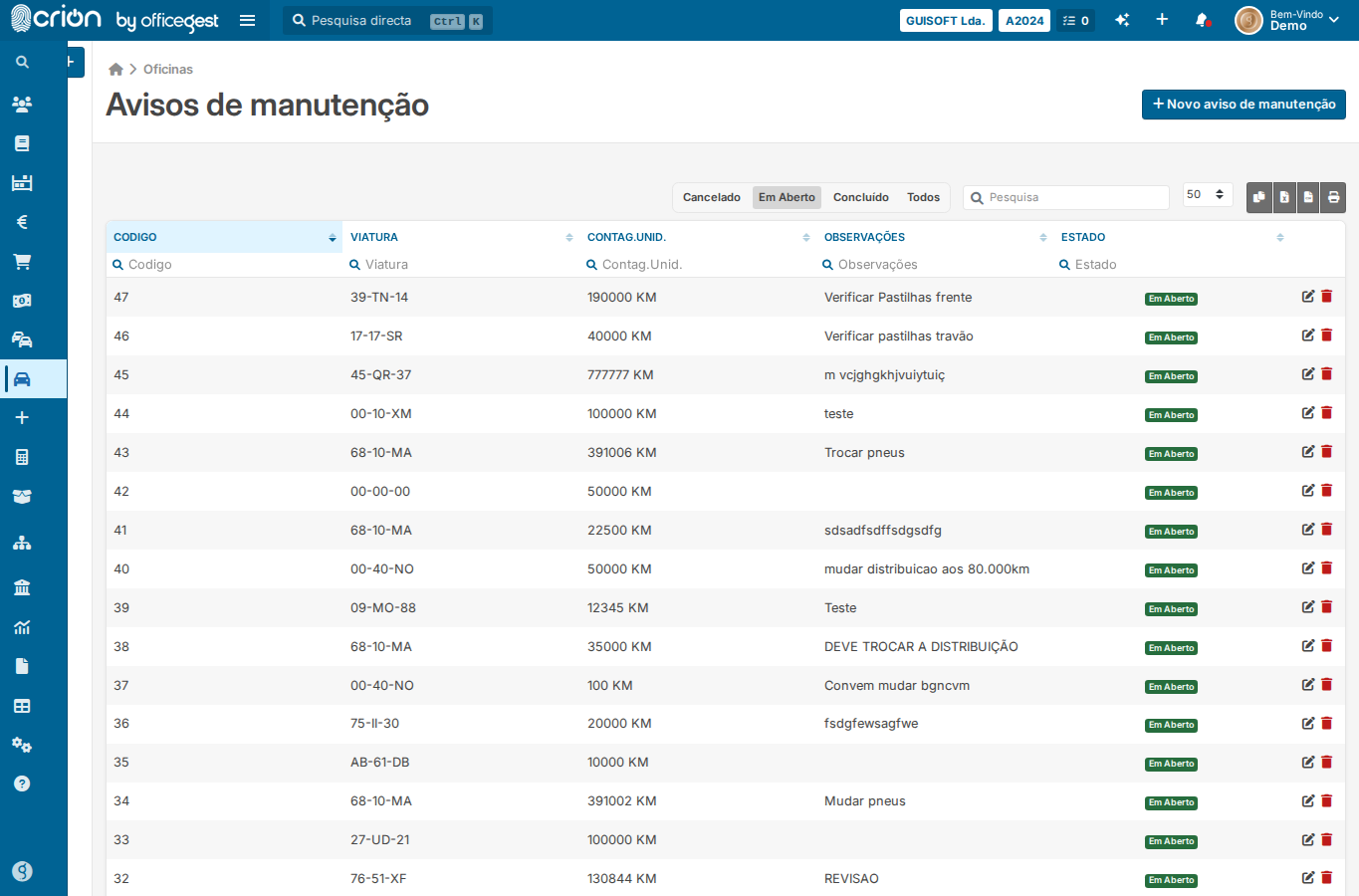 Screenshot da lista